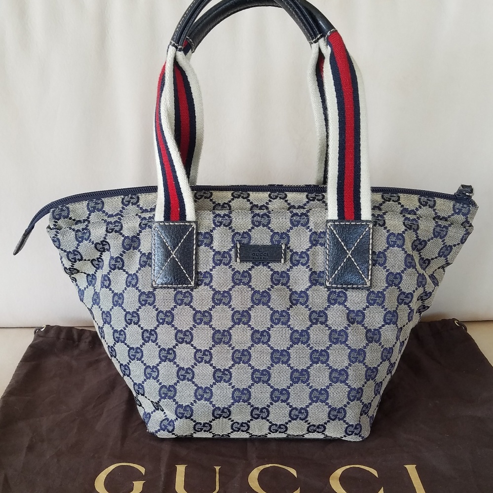 Gucci Blue Monogram Tote with Red, White & Blue Striped Handles